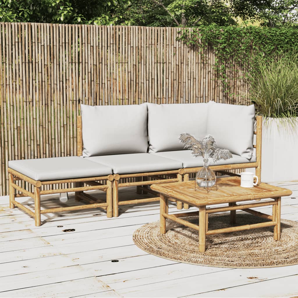 3 Piece Patio Lounge Set with Light Gray Cushions Bamboo