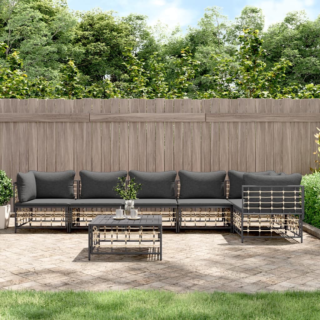 7 Piece Patio Lounge Set with Cushions Anthracite Poly Rattan