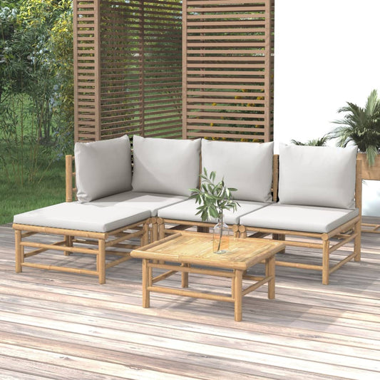 5 Piece Patio Lounge Set with Light Gray Cushions Bamboo