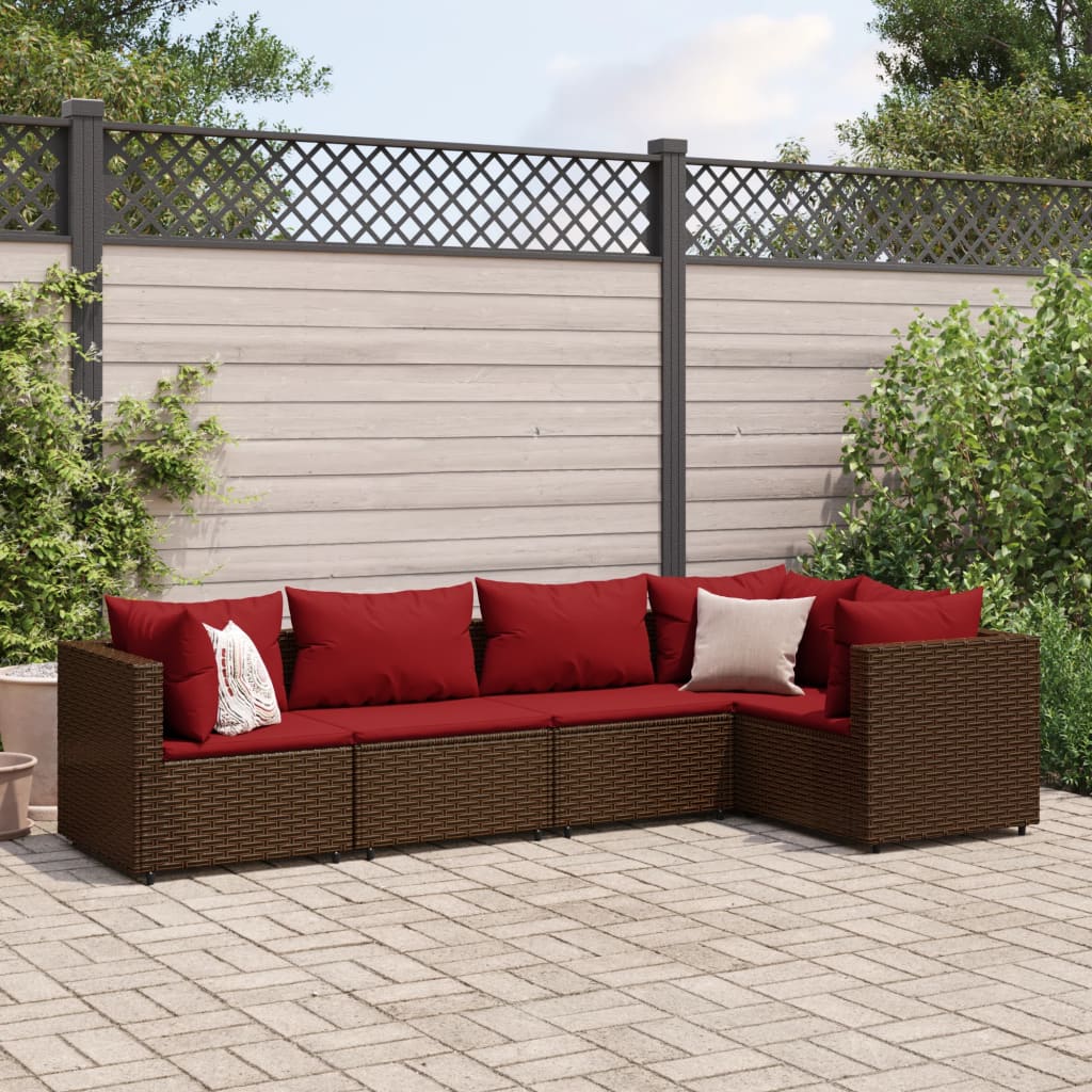 5 Piece Patio Lounge Set with Cushions Brown Poly Rattan