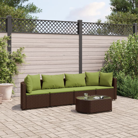 5 Piece Patio Sofa Set with Cushions Brown Poly Rattan