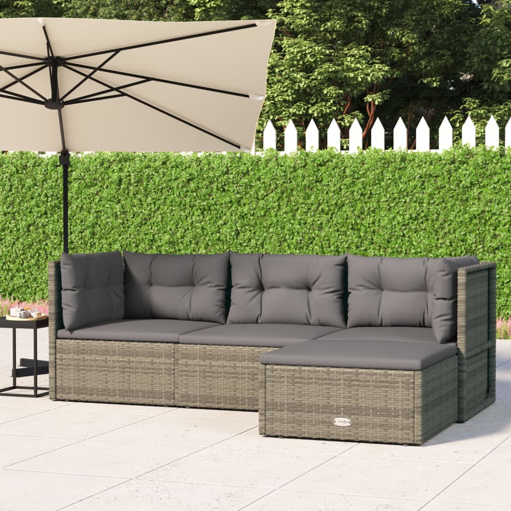 4 Piece Patio Lounge Set with Cushions Gray Poly Rattan