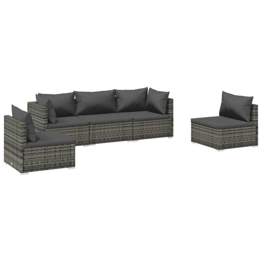 5 Piece Patio Lounge Set with Cushions Poly Rattan Gray