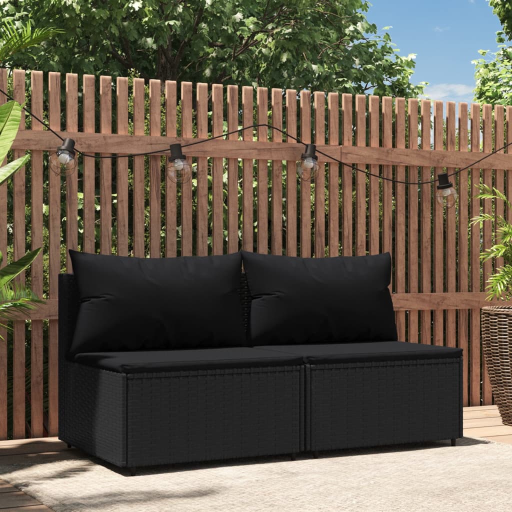 Patio Middle Sofas with Cushions 2 pcs Black Poly Rattan