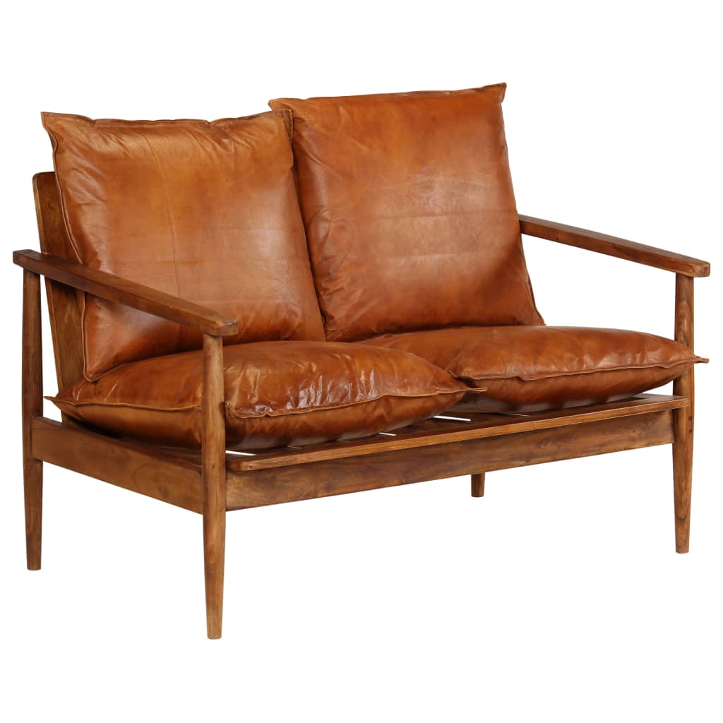 2-Seater Sofa Real Leather with Acacia Wood Brown