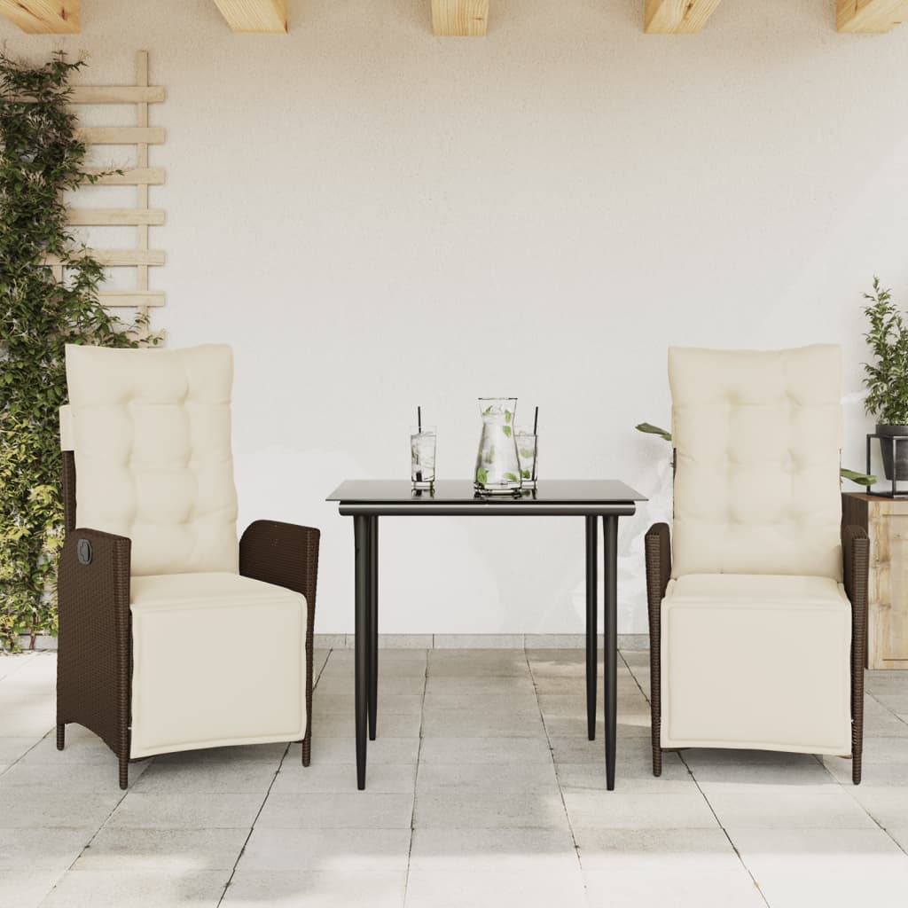 3 Piece Patio Dining Set with Cushions Brown Poly Rattan