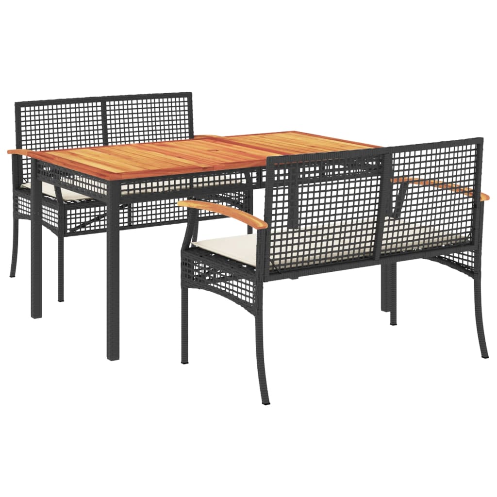 3 Piece Patio Dining Set with Cushions Black Poly Rattan