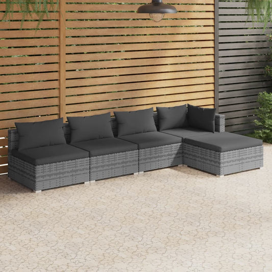 5 Piece Garden Lounge Set with Cushions Poly Rattan Gray