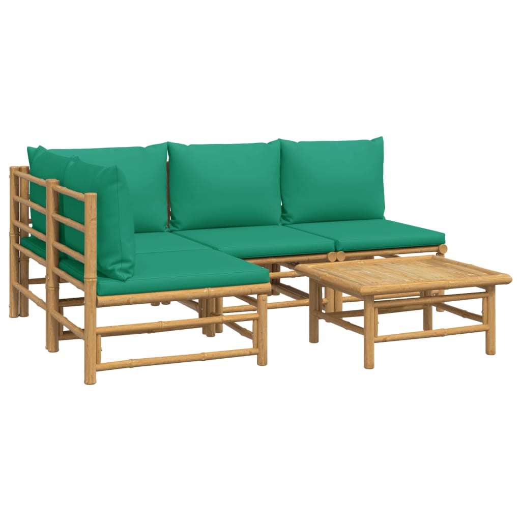 5 Piece Patio Lounge Set with Green Cushions Bamboo