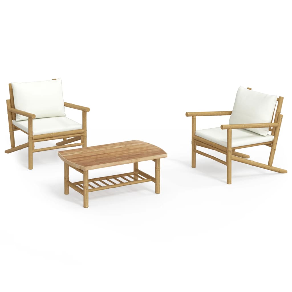 3 Piece Patio Lounge Set with Cream White Cushions Bamboo