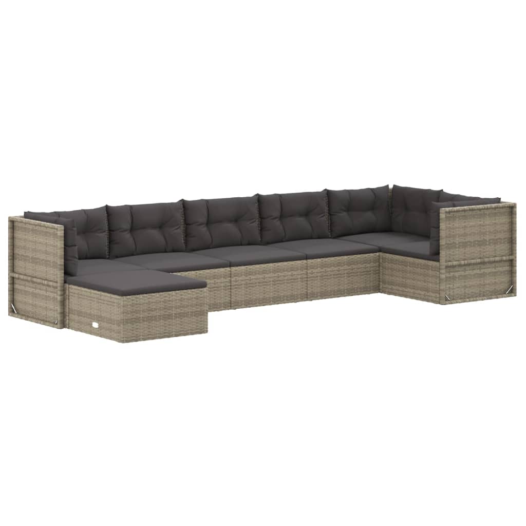 7 Piece Patio Lounge Set with Cushions Gray Poly Rattan