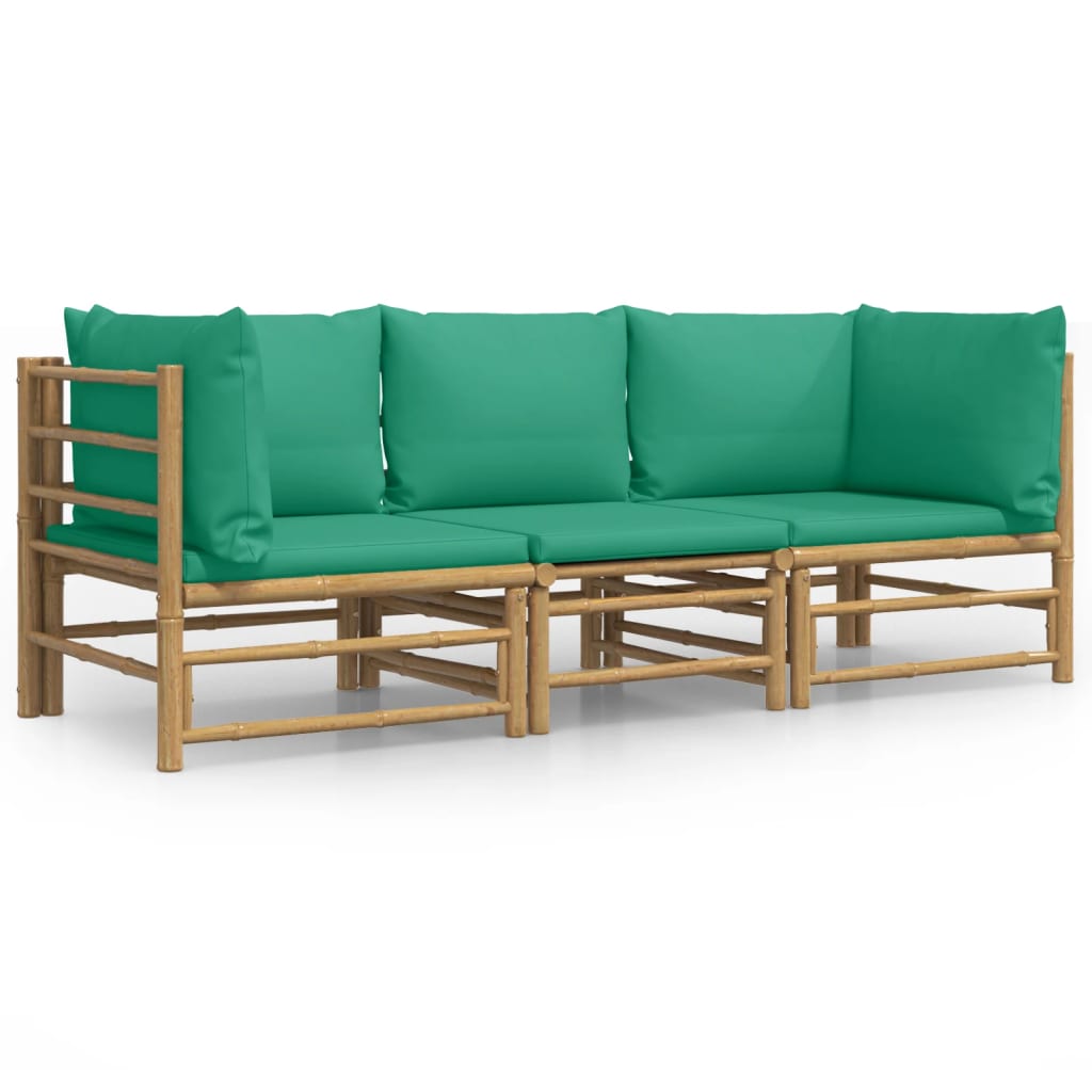 3 Piece Patio Lounge Set with Green Cushions Bamboo