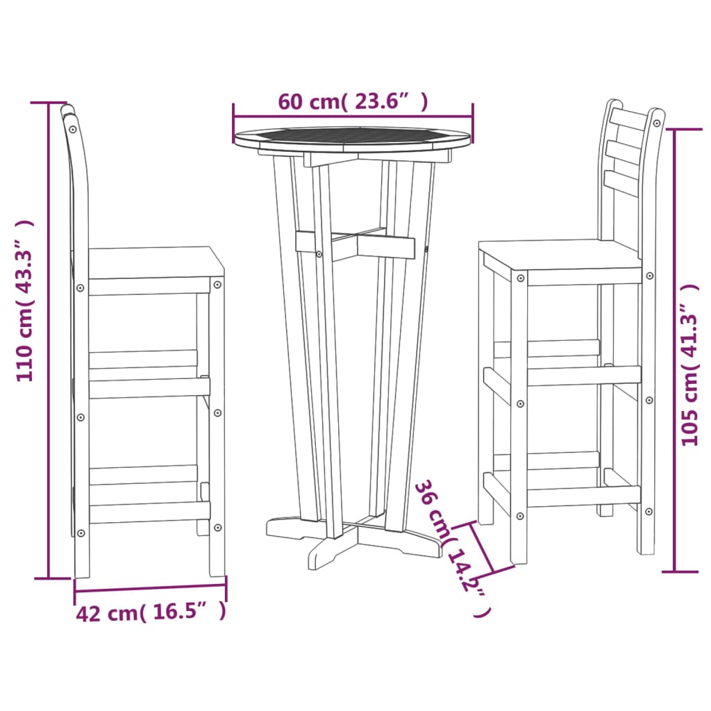 3 Piece Patio Bar Set Solid Wood Acacia