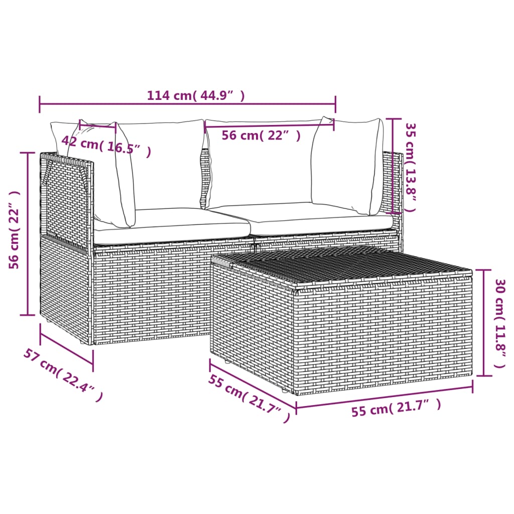 3 Piece Patio Lounge Set with Cushions Gray Poly Rattan