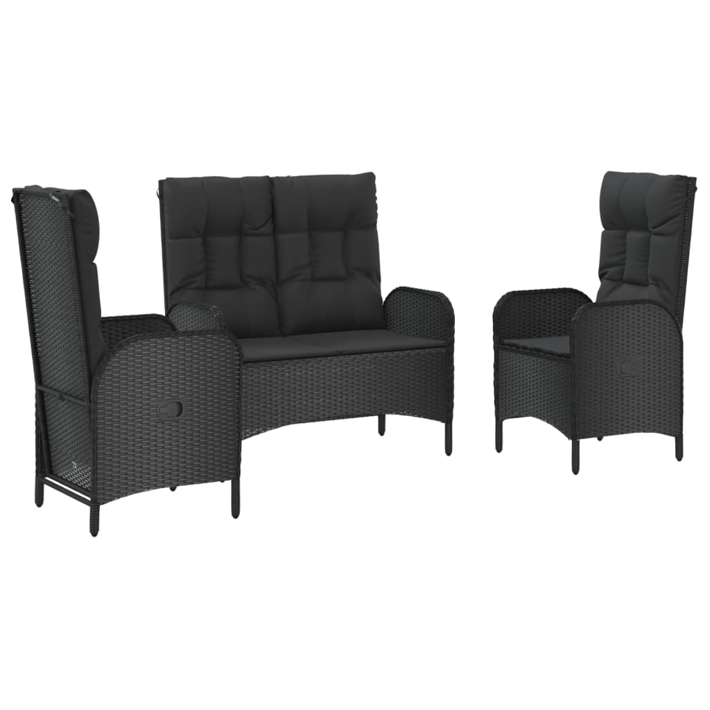 3 Piece Patio Dining Set with Cushions Black Poly Rattan