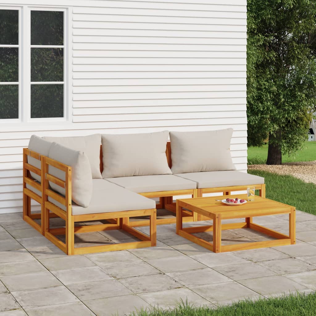 5 Piece Patio Lounge Set with Light Gray Cushions Solid Wood