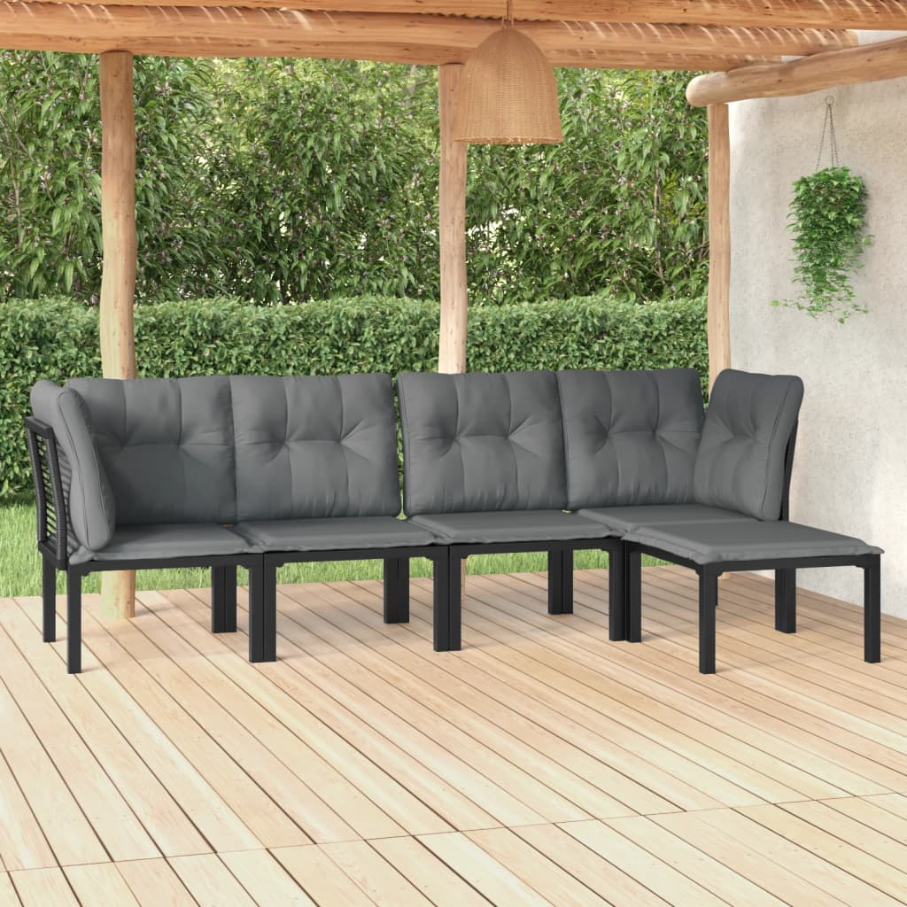 5 Piece Patio Lounge Set Black and Gray Poly Rattan