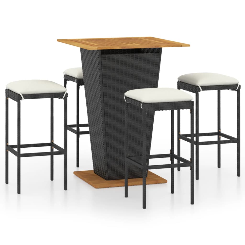 5 Piece Patio Bar Set with Cushions Poly Rattan Black