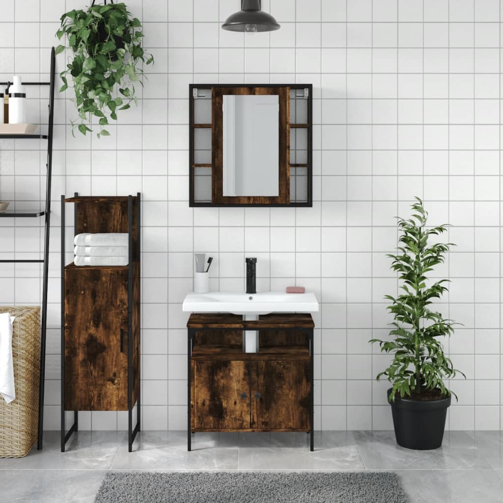 3 Piece Bathroom Cabinet Set Smoked Oak Engineered Wood