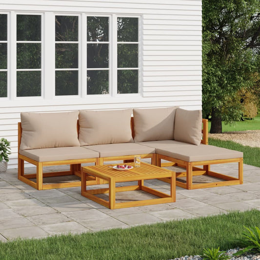 5 Piece Patio Lounge Set with Taupe Cushions Solid Wood