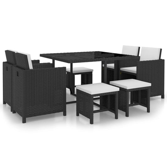 9 Piece Patio Dining Set with Cushions Poly Rattan Black