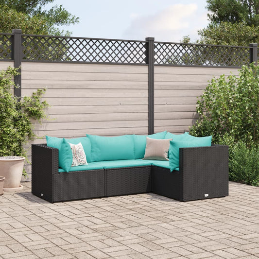 4 Piece Patio Lounge Set with Cushions Black Poly Rattan