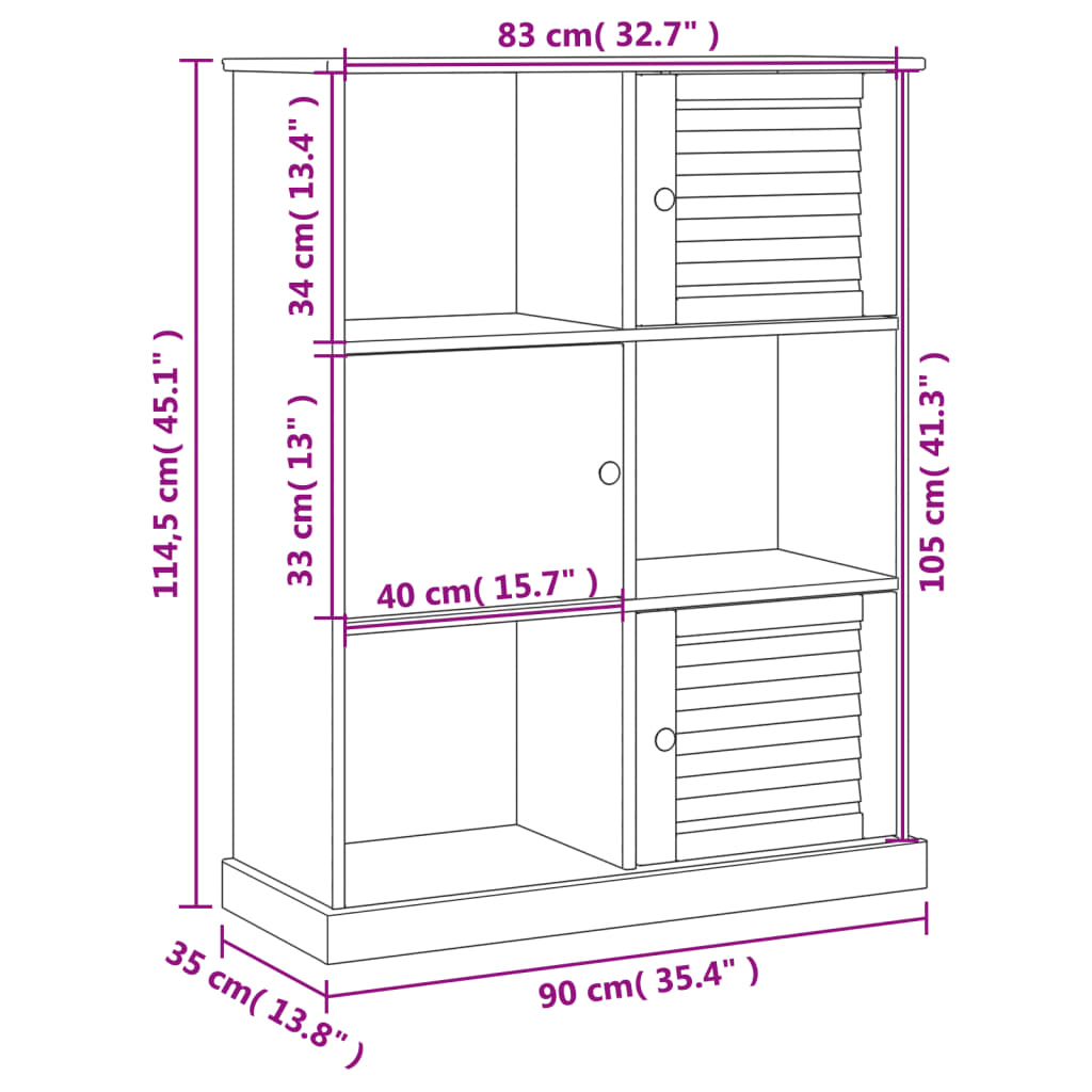 Bookcase VIGO Gray 35.4"x13.8"x45.1" Solid Wood Pine