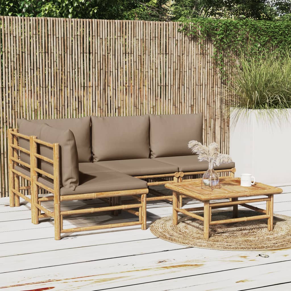 5 Piece Patio Lounge Set with Taupe Cushions Bamboo