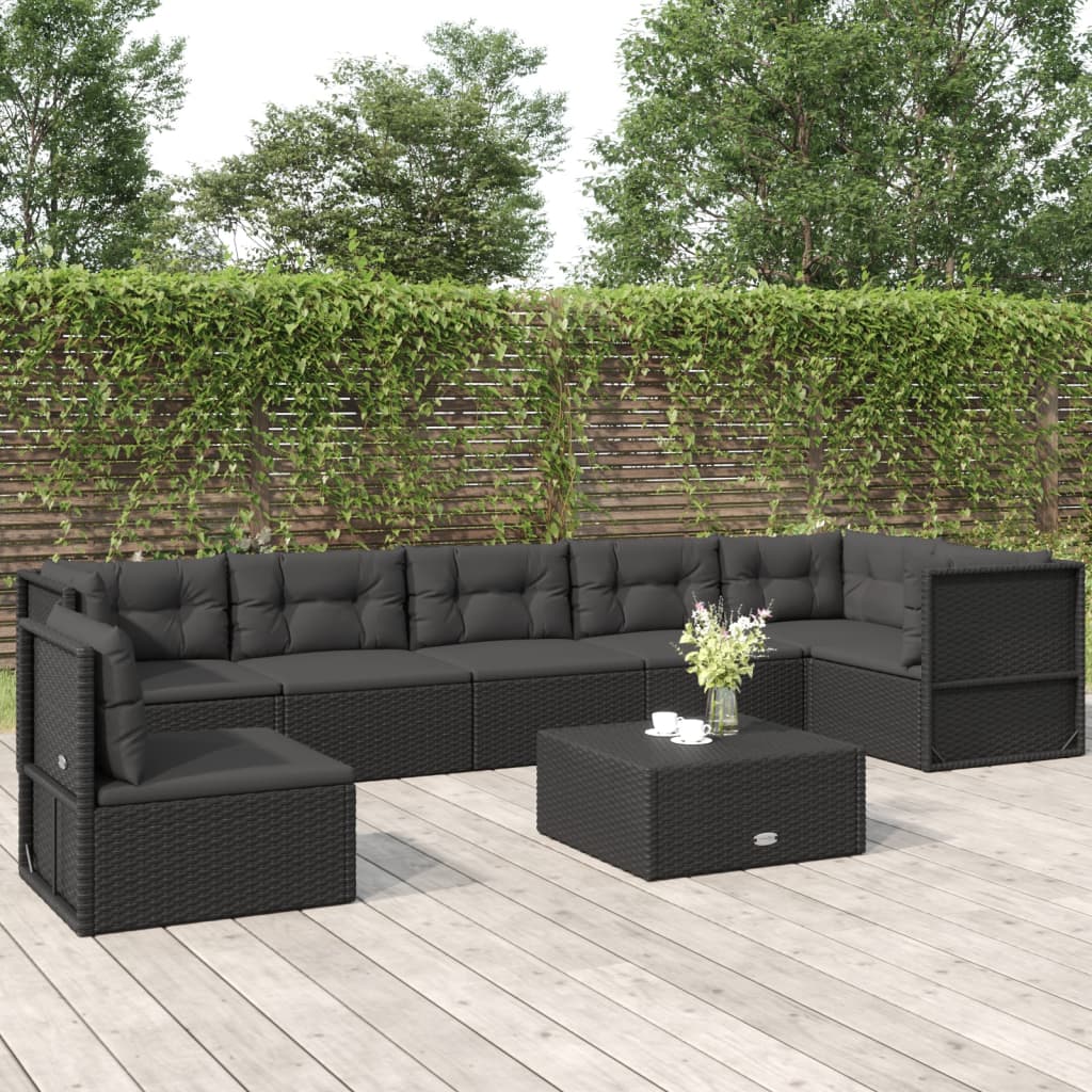 7 Piece Patio Lounge Set with Cushions Black Poly Rattan