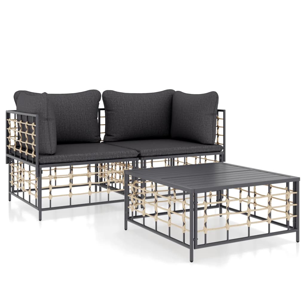 3 Piece Patio Lounge Set with Cushions Anthracite Poly Rattan