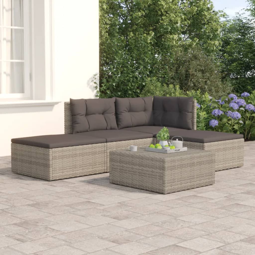 4 Piece Patio Lounge Set with Cushions Gray Poly Rattan