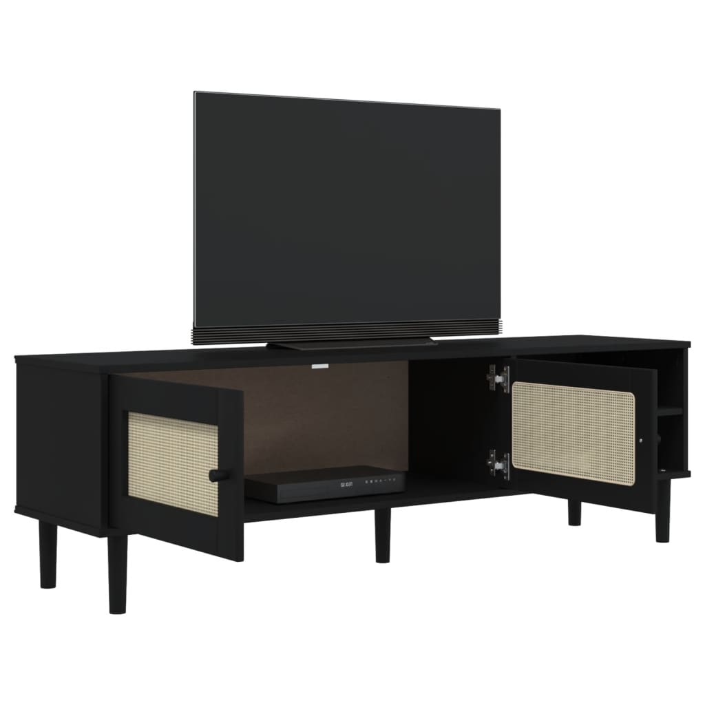 TV Stand SENJA Rattan Look Black 62.2"x15.7"x19.3" Solid Wood Pine