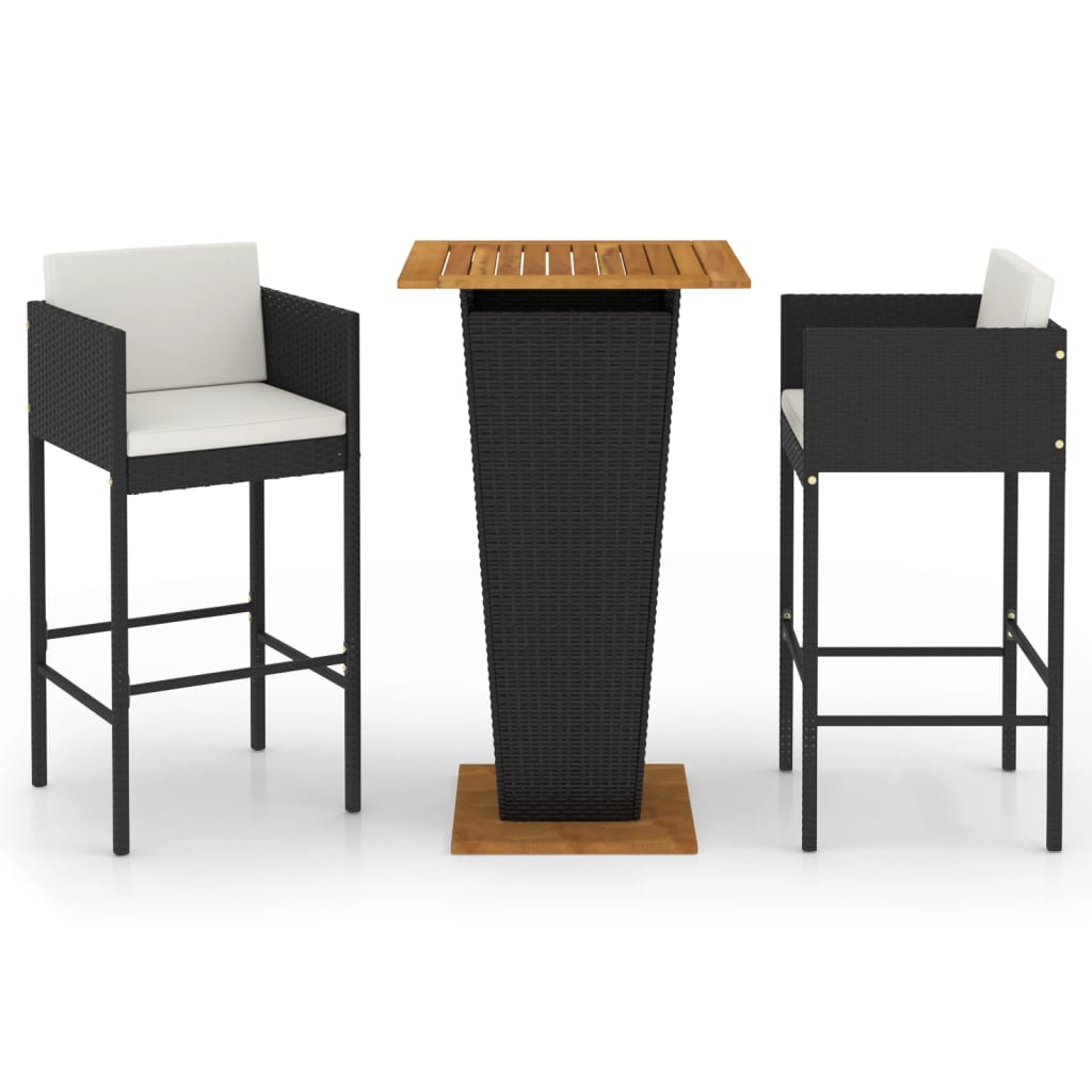 3 Piece Patio Bar Set with Cushions Poly Rattan Black