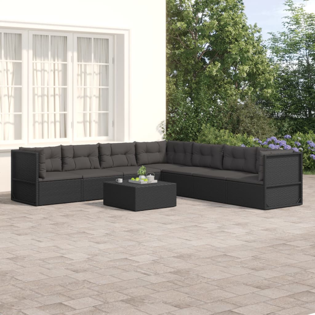 7 Piece Patio Lounge Set with Cushions Black Poly Rattan