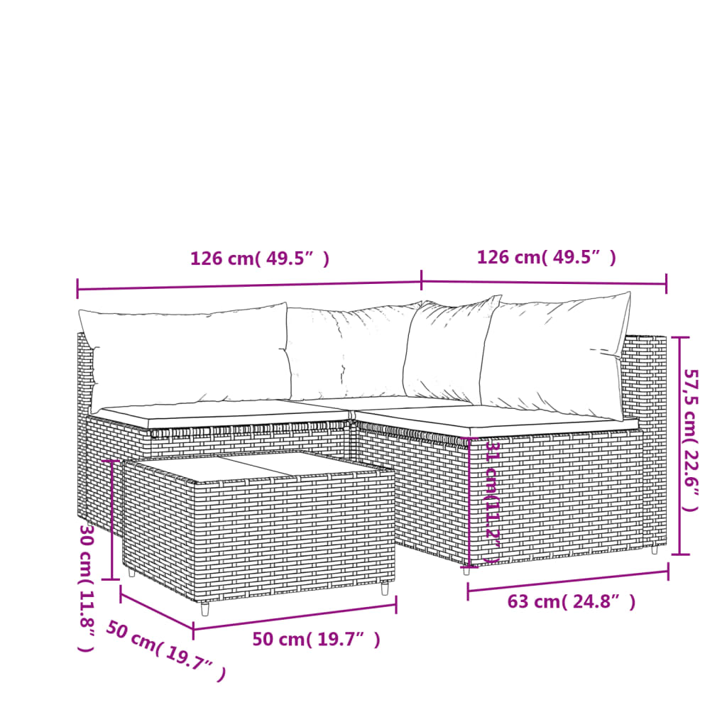 4 Piece Patio Lounge Set with Cushions Brown Poly Rattan