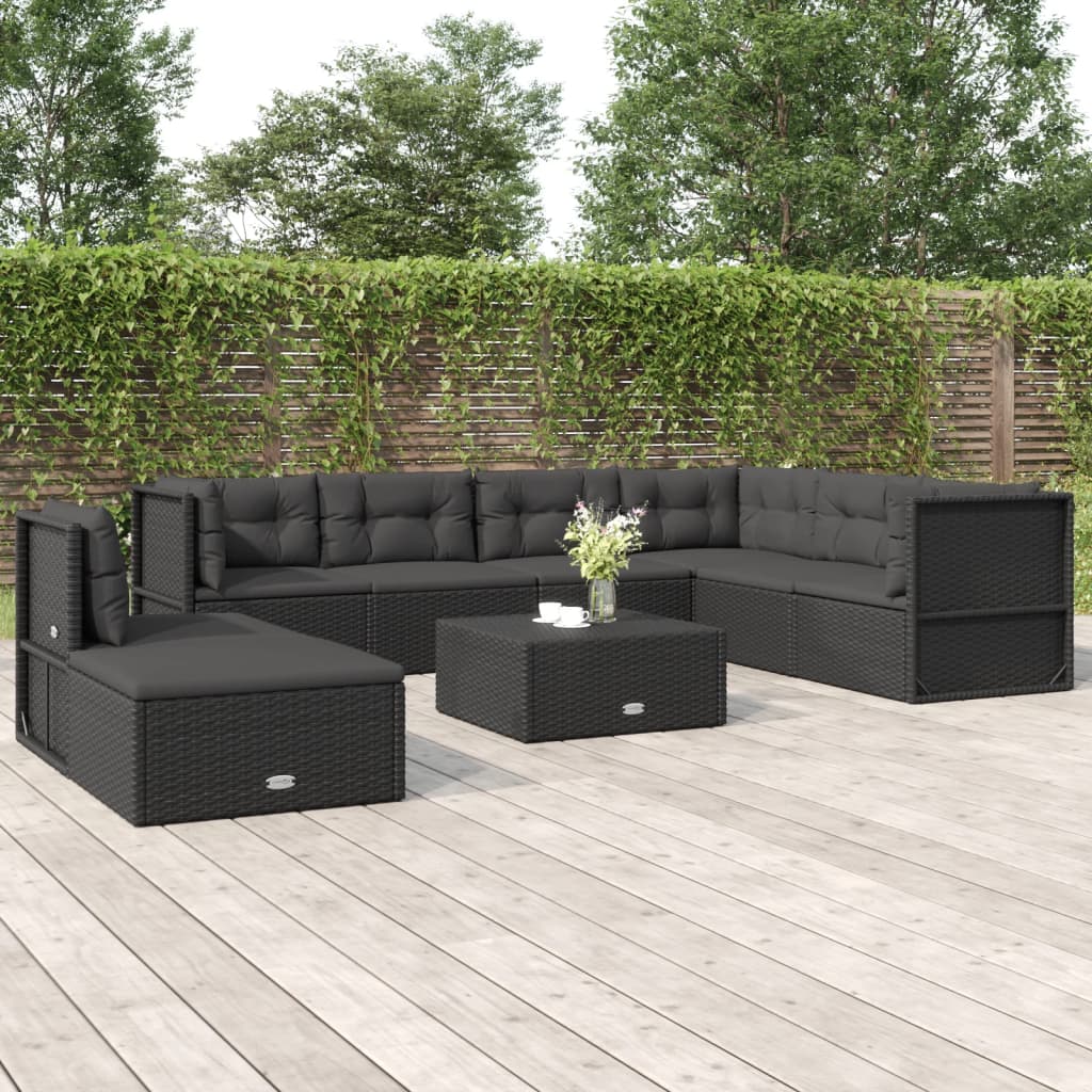 8 Piece Patio Lounge Set with Cushions Black Poly Rattan