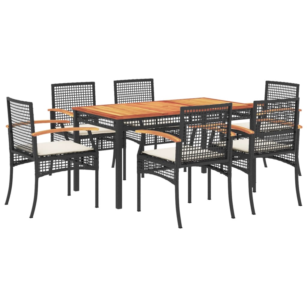 7 Piece Patio Dining Set with Cushions Black Poly Rattan