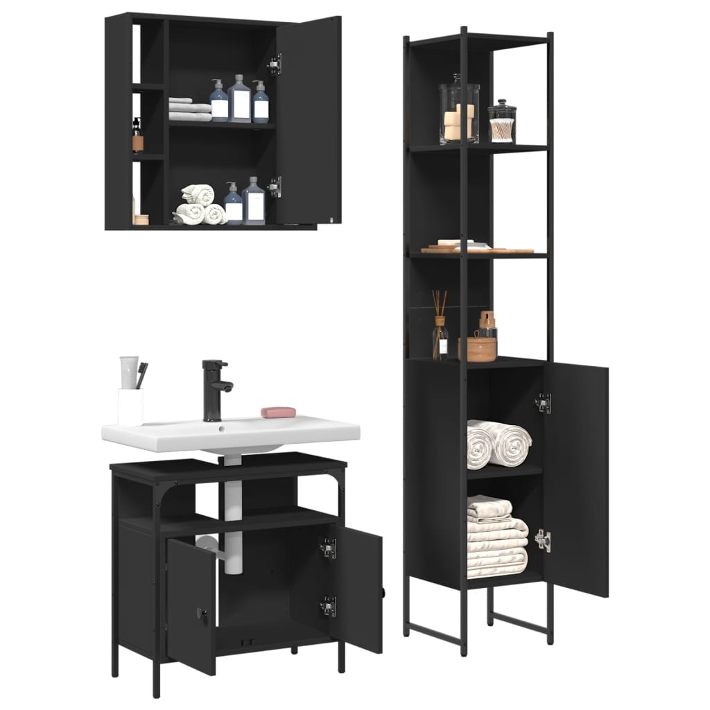 3 Piece Bathroom Cabinet Set Black Engineered Wood