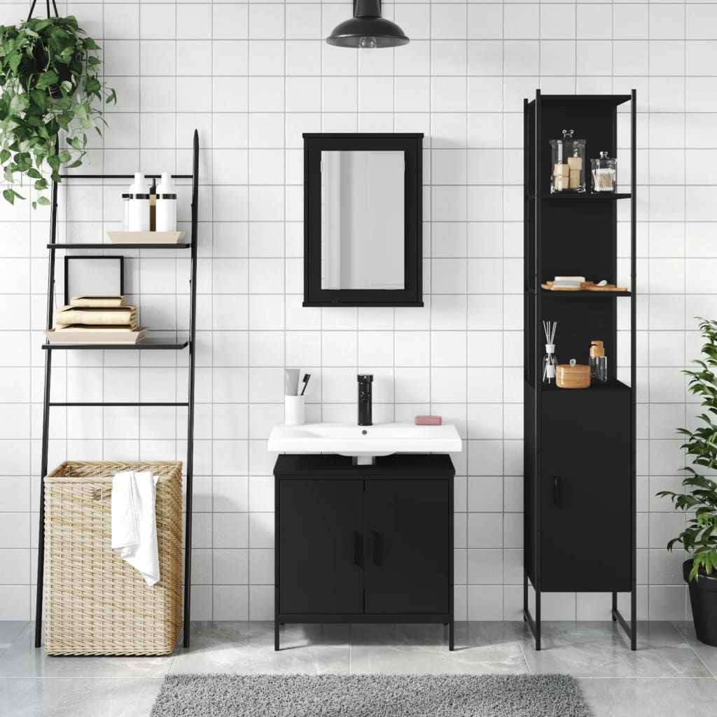 3 Piece Bathroom Furniture Set Black Engineered Wood