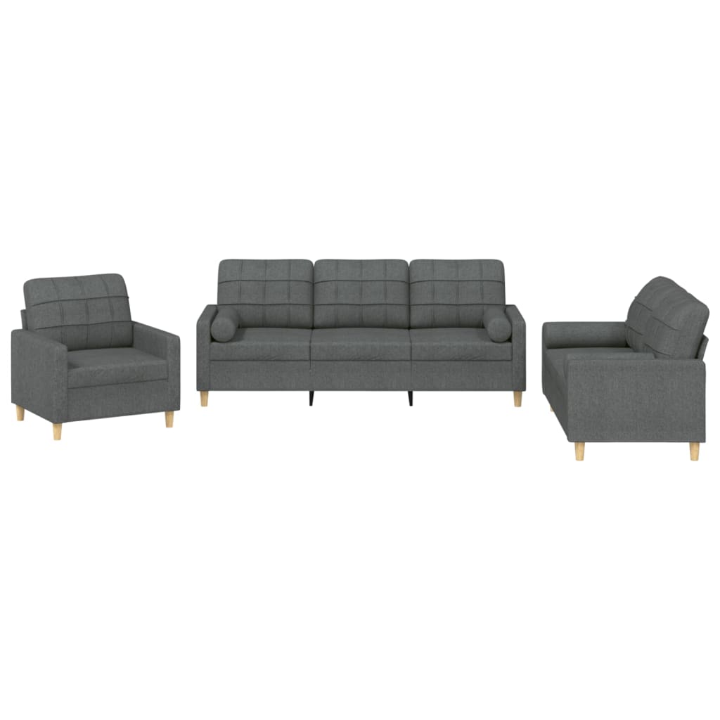 3 Piece Sofa Set with Pillows Dark Gray Fabric