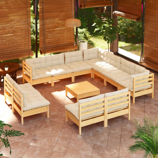 12 Piece Patio Lounge Set with Cream Cushions Solid Pinewood