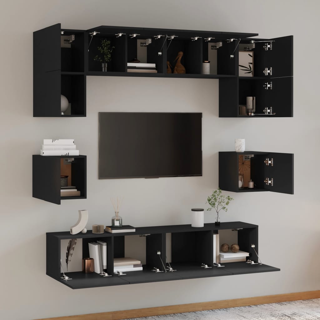 8 Piece TV Stand Set Black Engineered Wood