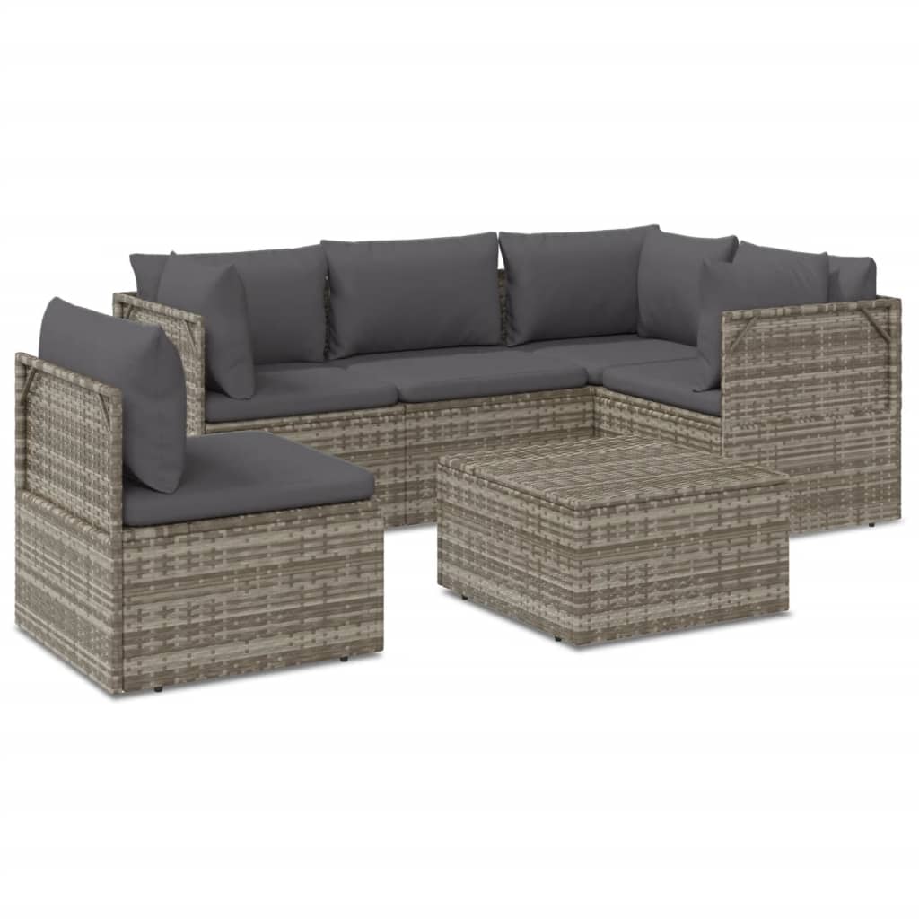 6 Piece Patio Lounge Set with Cushions Gray Poly Rattan