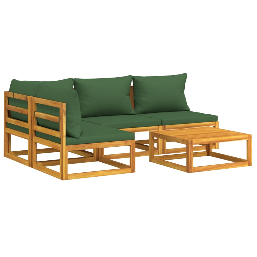 5 Piece Patio Lounge Set with Green Cushions Solid Wood