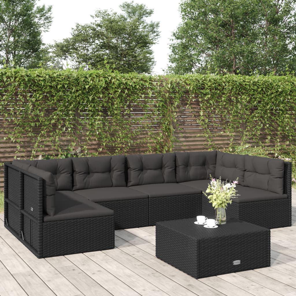 6 Piece Patio Lounge Set with Cushions Black Poly Rattan