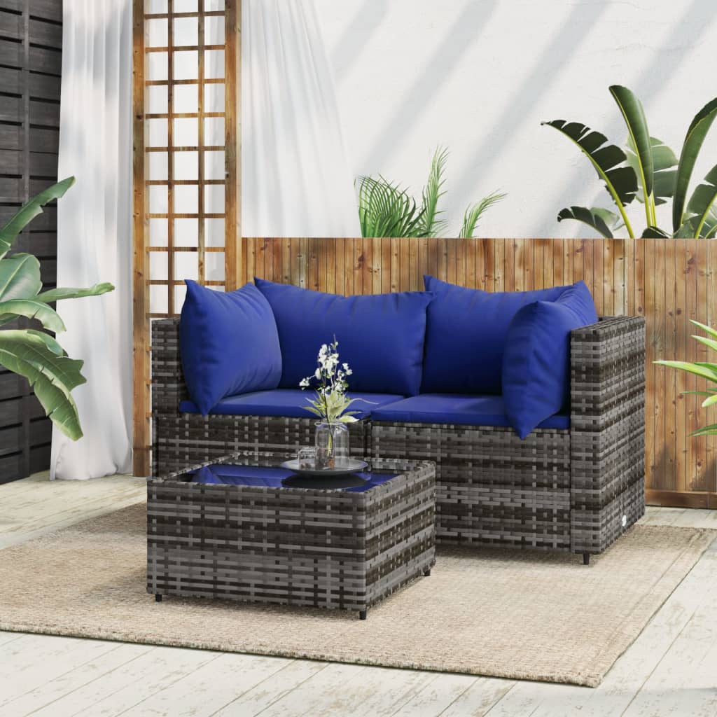 3 Piece Patio Lounge Set with Cushions Gray Poly Rattan