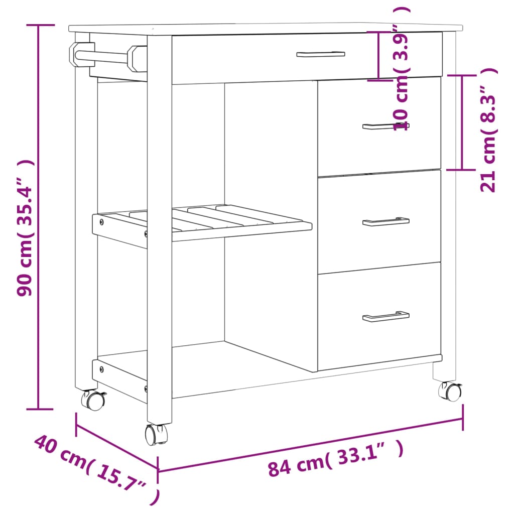 Kitchen Trolley MONZA 33.1"x15.7"x35.4" Solid Wood Pine