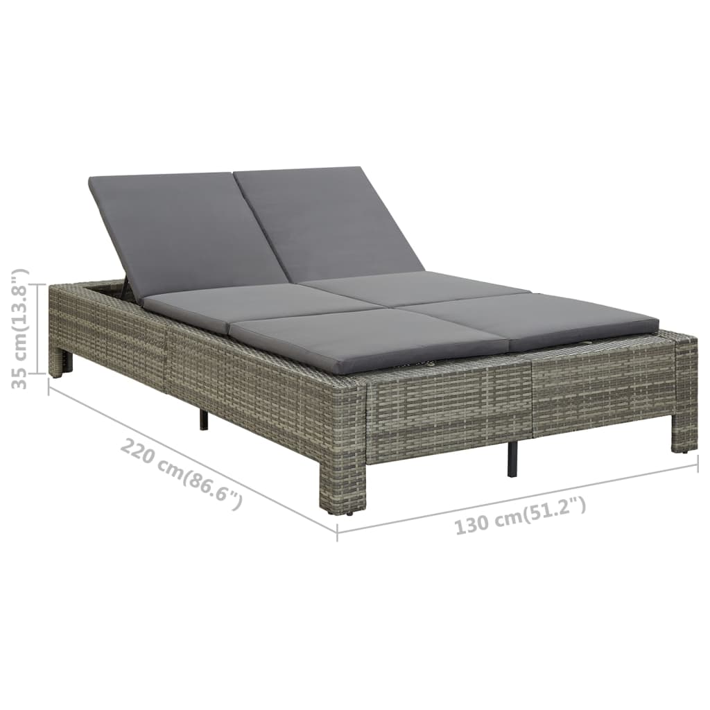 2-Person Sunbed with Cushion Gray Poly Rattan