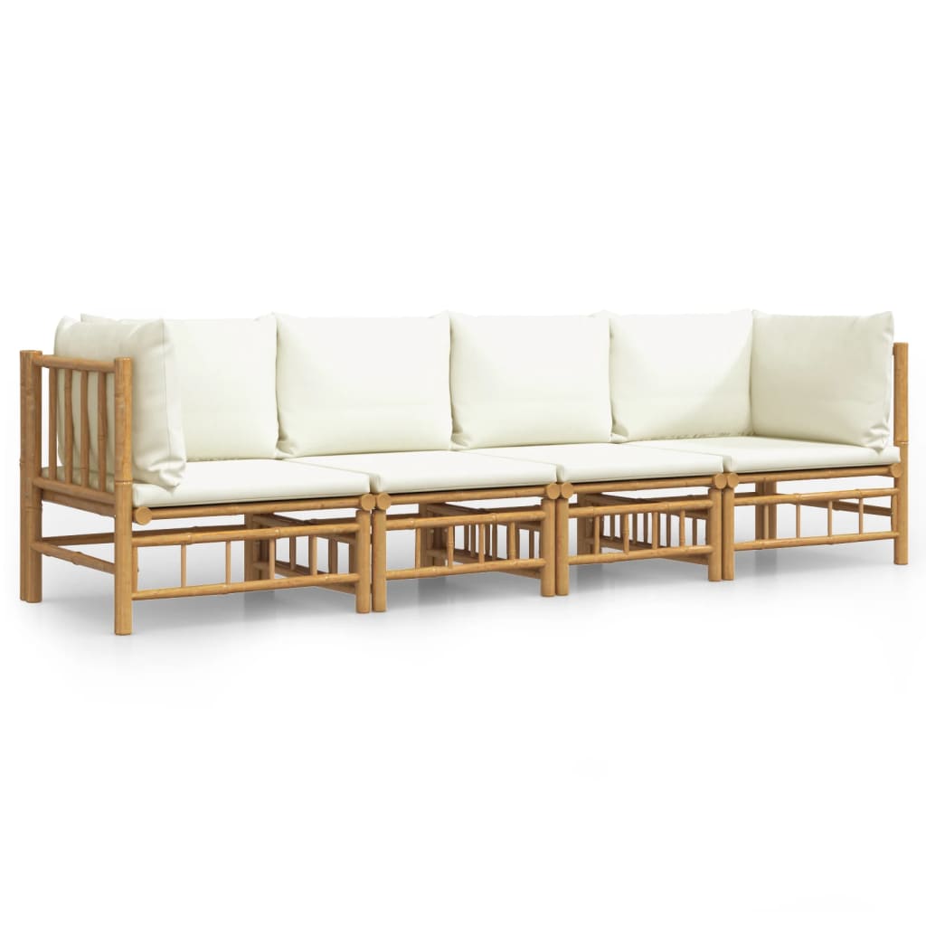 4 Piece Patio Lounge Set with Cream White Cushions Bamboo