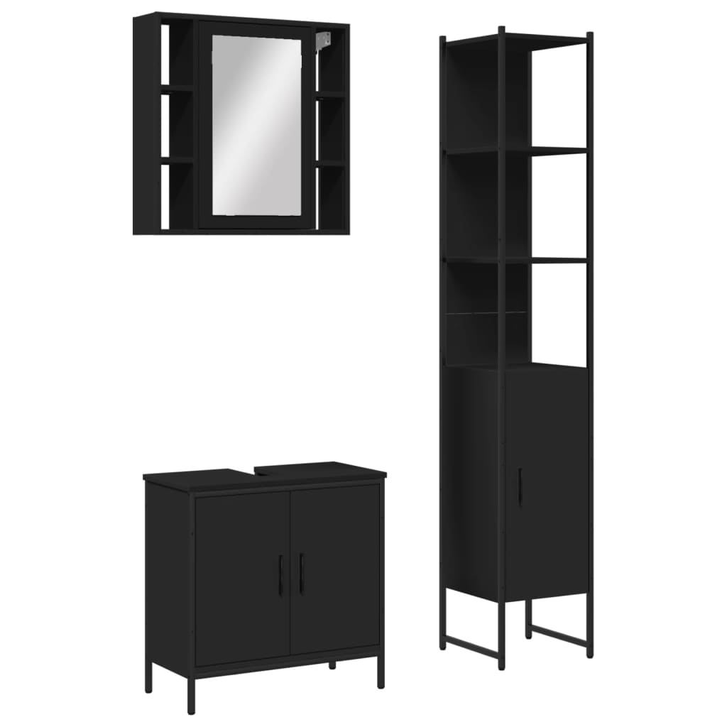 3 Piece Bathroom Cabinet Set Black Engineered Wood